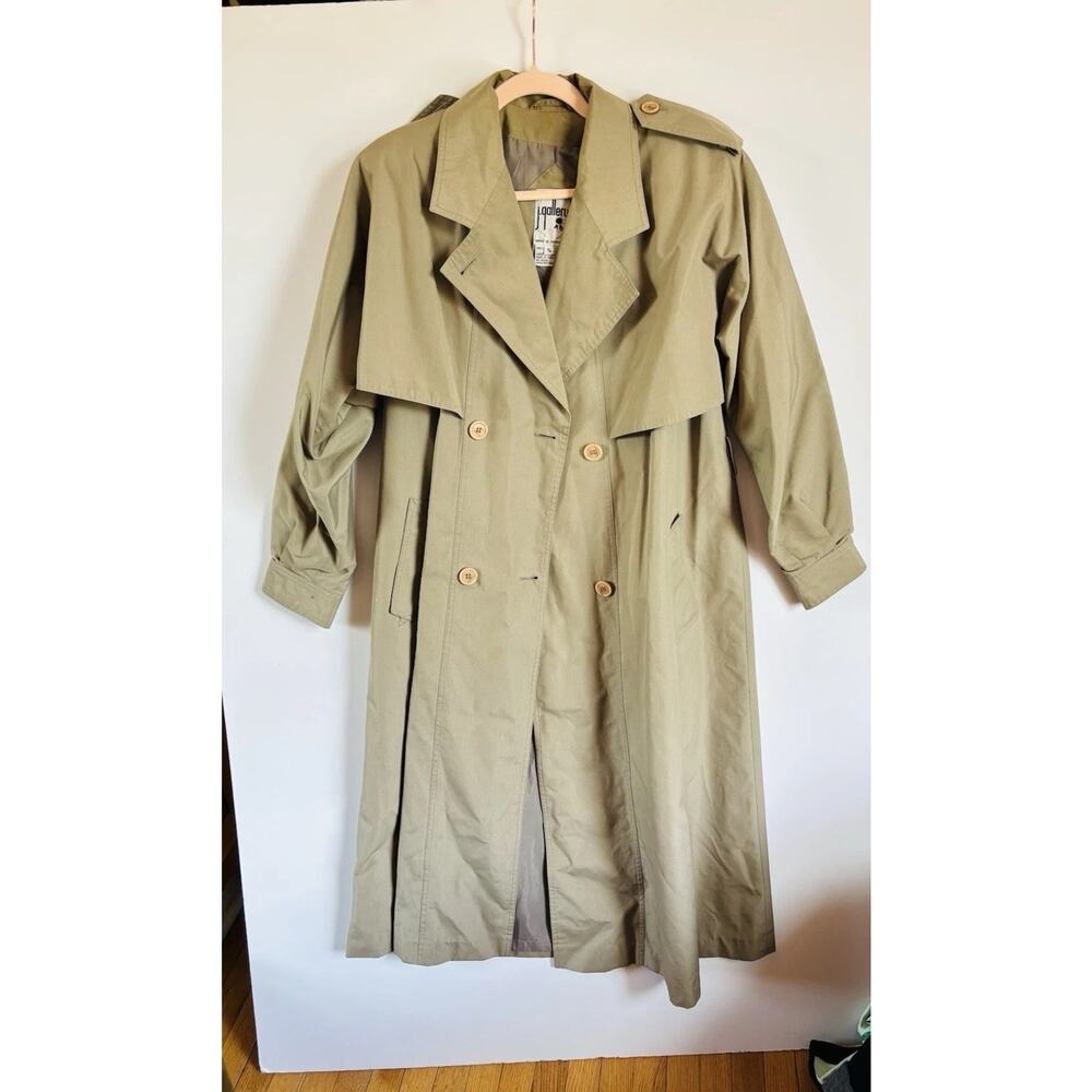 Vintage J. GAllery Trench Khaki Coat Womens Large‎ Long Lined No Belt